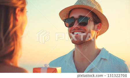 Surprised man giving gift to partner at sunset, joyful moment 131322708
