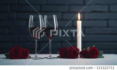 Romantic dinner table with red roses, wine glasses, and candlelight ambiance 131322713