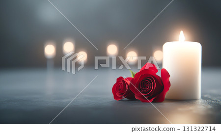 Romantic candlelight dinner with red roses and soft lighting ambiance 131322714