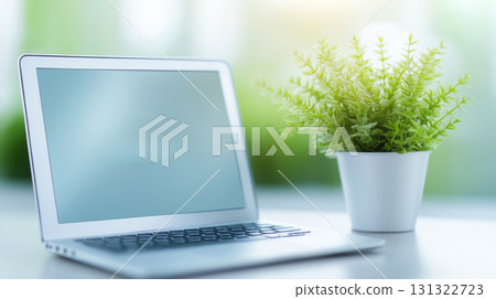 Modern laptop and green plant on desk, creating fresh workspace atmosphere 131322723