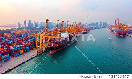 Aerial view of busy port with cranes loading containers and ships Aerial view of busy port with cranes loading containers and ships 131322917