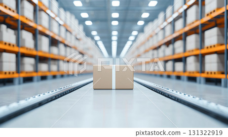 package in automated warehouse with shelves and storage space 131322919