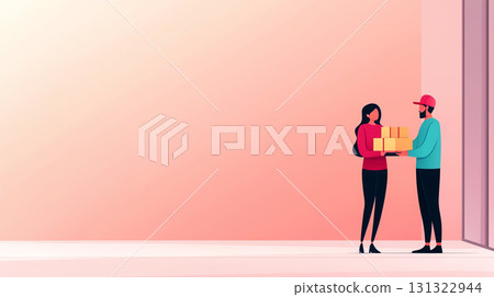 Delivery driver handing packages to customer in modern setting 131322944