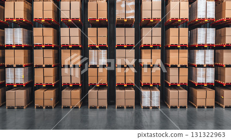 Neatly organized cardboard boxes stacked in distribution center Neatly organized cardboard boxes stacked in distribution center 131322963