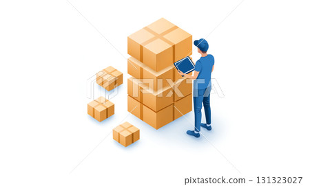 Efficient supply chain manager inspecting inventory levels with boxes 131323027