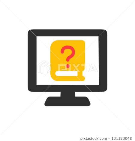 Book and question mark computer screen icon to indicate learning or wondering 131323048