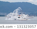 The Japan Coast Guard's patrol vessel Kotobiki is conducting a water-spraying demonstration in Hiroshima Bay, and the patrol vessel Itsukushima is conducting an experience voyage. 131323057