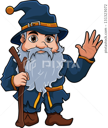 Cartoon Wizard with Staff,Waving Hand 131323072
