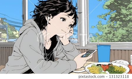 A young woman who can't put down her smartphone even during meals 131323118
