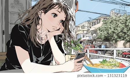 A young woman who can't put down her smartphone even during meals 131323119