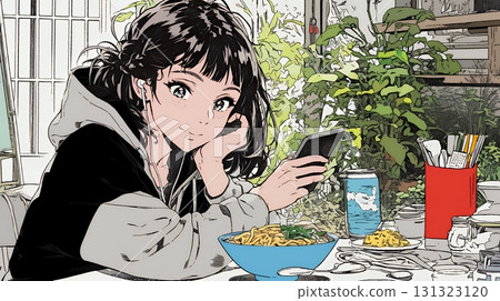 一位年輕女子甚至在吃飯時也無法放下她的智慧型手機 一位年輕女子甚至在吃飯時也無法放下她的智慧型手機 131323120