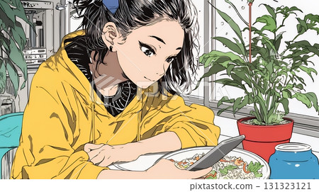 一位年輕女子甚至在吃飯時也無法放下她的智慧型手機 131323121