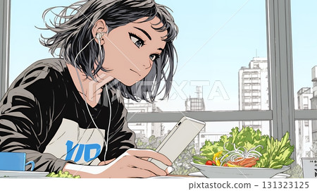 一位年輕女子甚至在吃飯時也無法放下她的智慧型手機 131323125