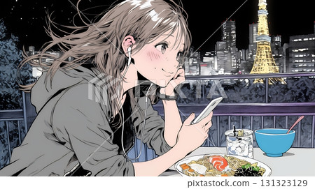 一位年輕女子甚至在吃飯時也無法放下她的智慧型手機 一位年輕女子甚至在吃飯時也無法放下她的智慧型手機 131323129