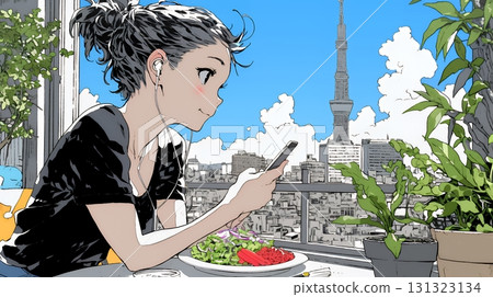 A young woman who can't put down her smartphone even during meals 131323134