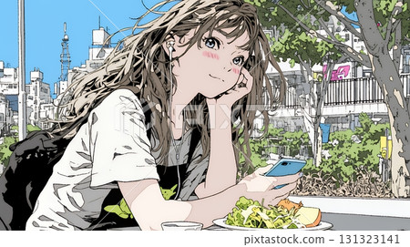 一位年輕女子甚至在吃飯時也無法放下她的智慧型手機 一位年輕女子甚至在吃飯時也無法放下她的智慧型手機 131323141