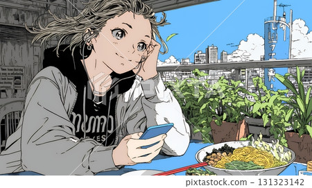 一位年輕女子甚至在吃飯時也無法放下她的智慧型手機 131323142