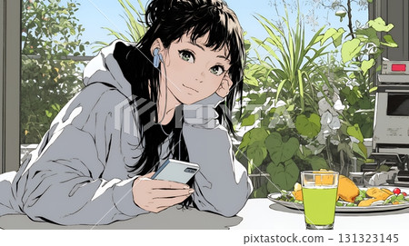 一位年輕女子甚至在吃飯時也無法放下她的智慧型手機 一位年輕女子甚至在吃飯時也無法放下她的智慧型手機 131323145