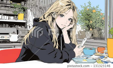 一位年輕女子甚至在吃飯時也無法放下她的智慧型手機 131323146