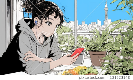 A young woman who can't put down her smartphone even during meals 131323148