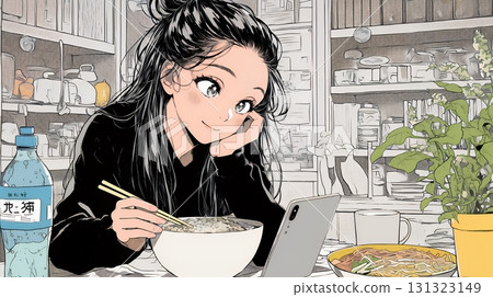 一位年輕女子甚至在吃飯時也無法放下她的智慧型手機 131323149