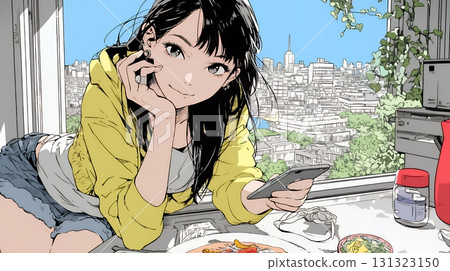 一位年輕女子甚至在吃飯時也無法放下她的智慧型手機 一位年輕女子甚至在吃飯時也無法放下她的智慧型手機 131323150