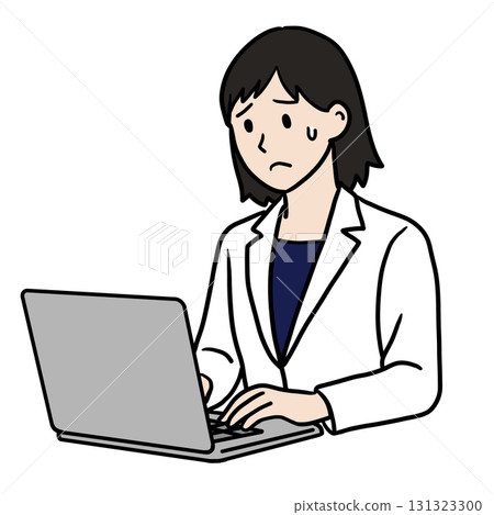 A young woman in a white coat working on a PC (troubled) A young woman in a white coat working on a PC (troubled) 131323300