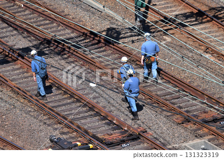 Track maintenance and inspection work: Walking along the tracks and visually checking for distortions and damage to the rails 131323319
