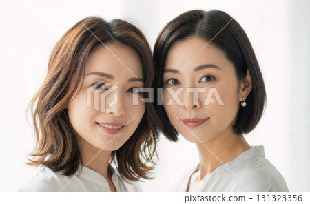 Portraits of women with the image of sisters or twins. Image material suitable for beauty and hair care advertisements. 131323356