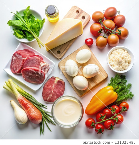 Assorted Foods Arranged on Table. Generative AI Assorted Foods Arranged on Table. Generative AI 131323483