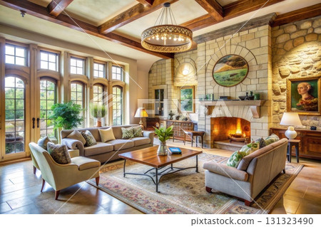 Elegant Living Room With Fireplace and Furniture. Generative AI 131323490