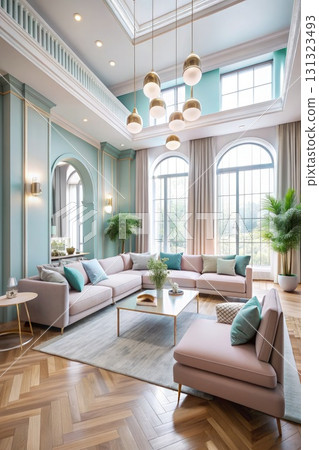 Modern Living Room With Abundant Furniture and Windows. Generative AI 131323493