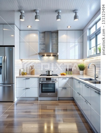 Modern Kitchen With White Cabinets and Stainless Steel Appliances. Generative AI 131323494