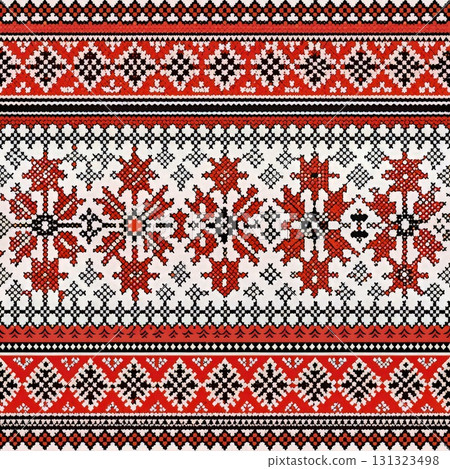 Red and White Knitted Pattern With Snowflakes. Generative AI 131323498