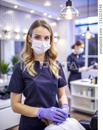 Woman in Dentists Office Wearing Mask and Gloves. Generative AI 131323548