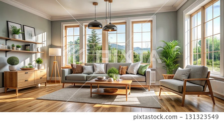 Living Room With Furniture and Windows. Generative AI 131323549