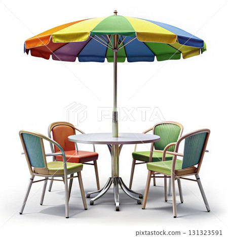 Table With Four Chairs and Umbrella. Generative AI Table With Four Chairs and Umbrella. Generative AI 131323591