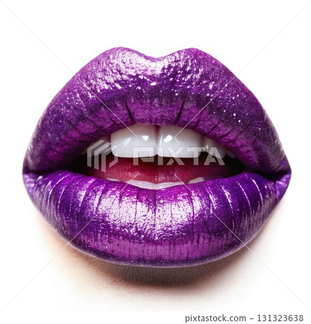 Close Up of Purple Lip With White Teeth. Generative AI 131323638