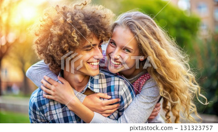 Young Man and Woman Embracing Each Other. Generative AI 131323757