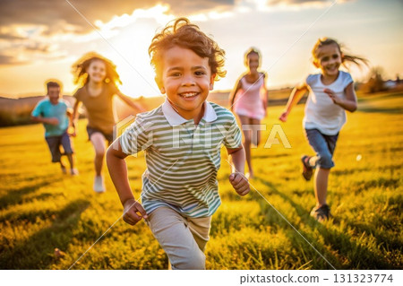 Children Running in a Field. Generative AI 131323774