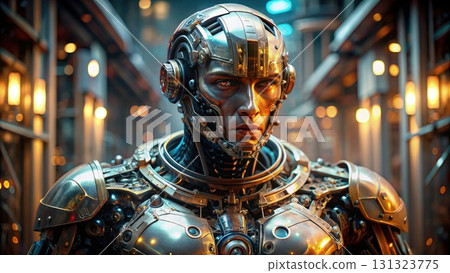 Man in Futuristic Suit Standing in Hallway. Generative AI 131323775