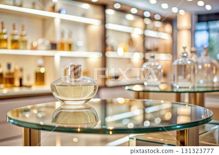 Glass Table With Perfume Bottle. Generative AI Glass Table With Perfume Bottle. Generative AI 131323777