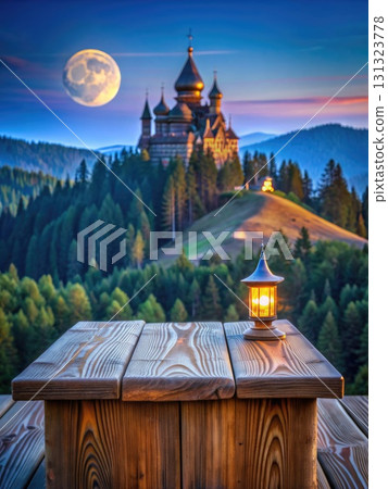 Wooden Table With Lantern. Generative AI 131323778