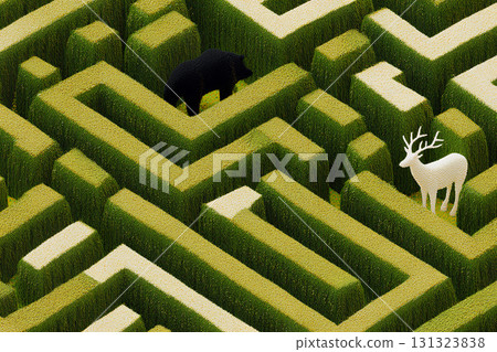 Artistic illustration of a bear and deer in a maze (3D) 131323838