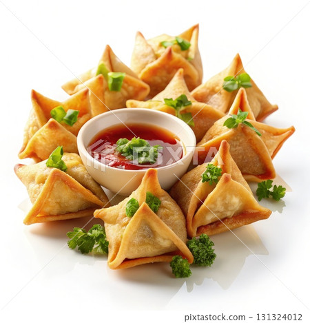Plate of Wontons With Dipping Sauce. Generative AI 131324012