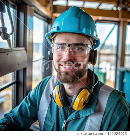 Construction Worker Wearing Hard Hat and Headphones. Generative AI Construction Worker Wearing Hard Hat and Headphones. Generative AI 131324015