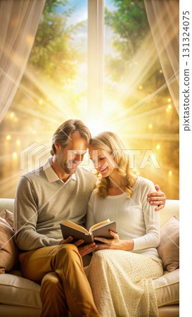 Man and Woman Reading Book on Couch. Generative AI 131324075
