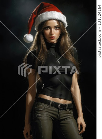Woman in Santa Hat and Leather Pants. Generative AI 131324164