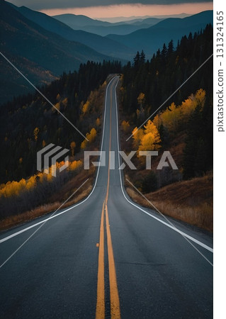 Straight Road Through Mountain Range. Generative AI 131324165