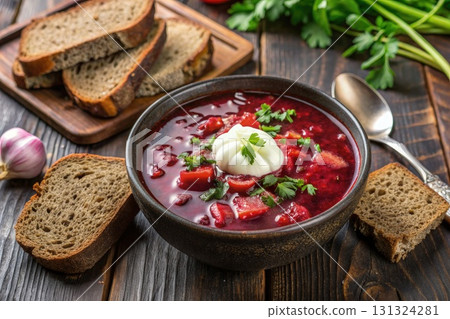 Bowl of Soup With Bread and Sour Cream. Generative AI 131324281